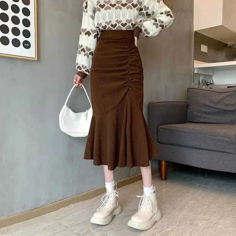 Lucyever High Waist Midi Skirt – Slim Fit, Ruffles, Brown - D&M Boutique