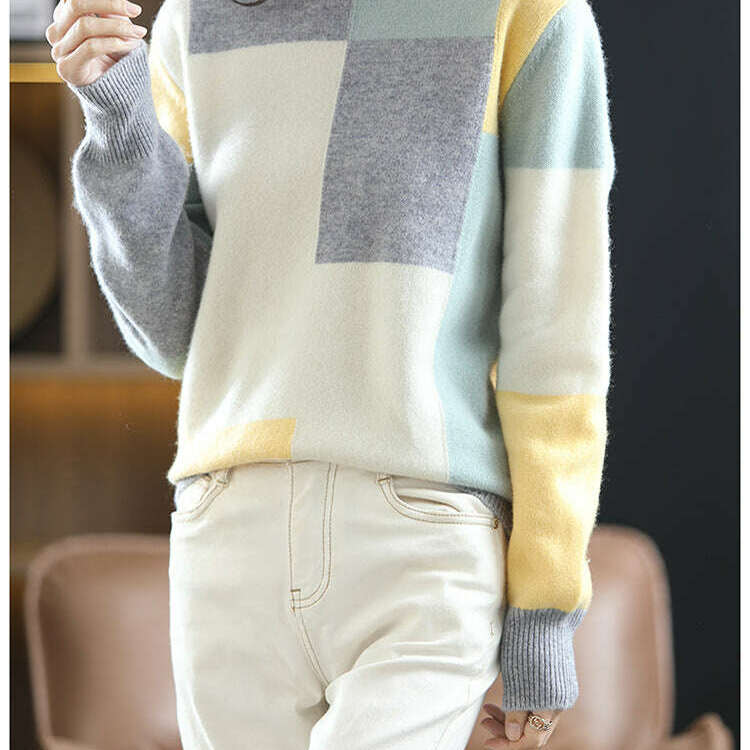 Autumn/Winter Wool Sweater – Round Neck, Color-Block, All-Match Top - D&M Boutique