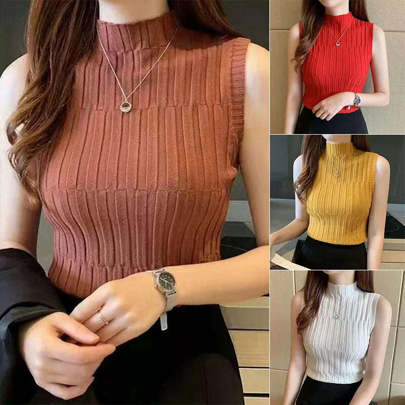Mock Neck Sleeveless Top – Slim Knit, Summer-Autumn - D&M Boutique