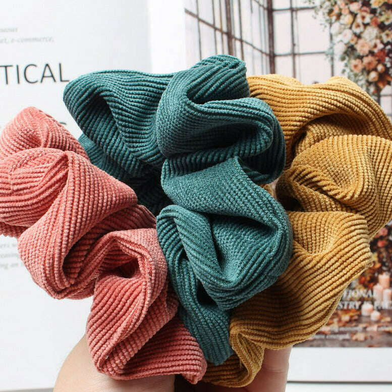 Cord Scrunchie Autumn Winter Corduroy Solid Fabric Scrunchies Set Elastic Hair Bands Fashion Ponytail Hair Tie Rope Headwear 3PK