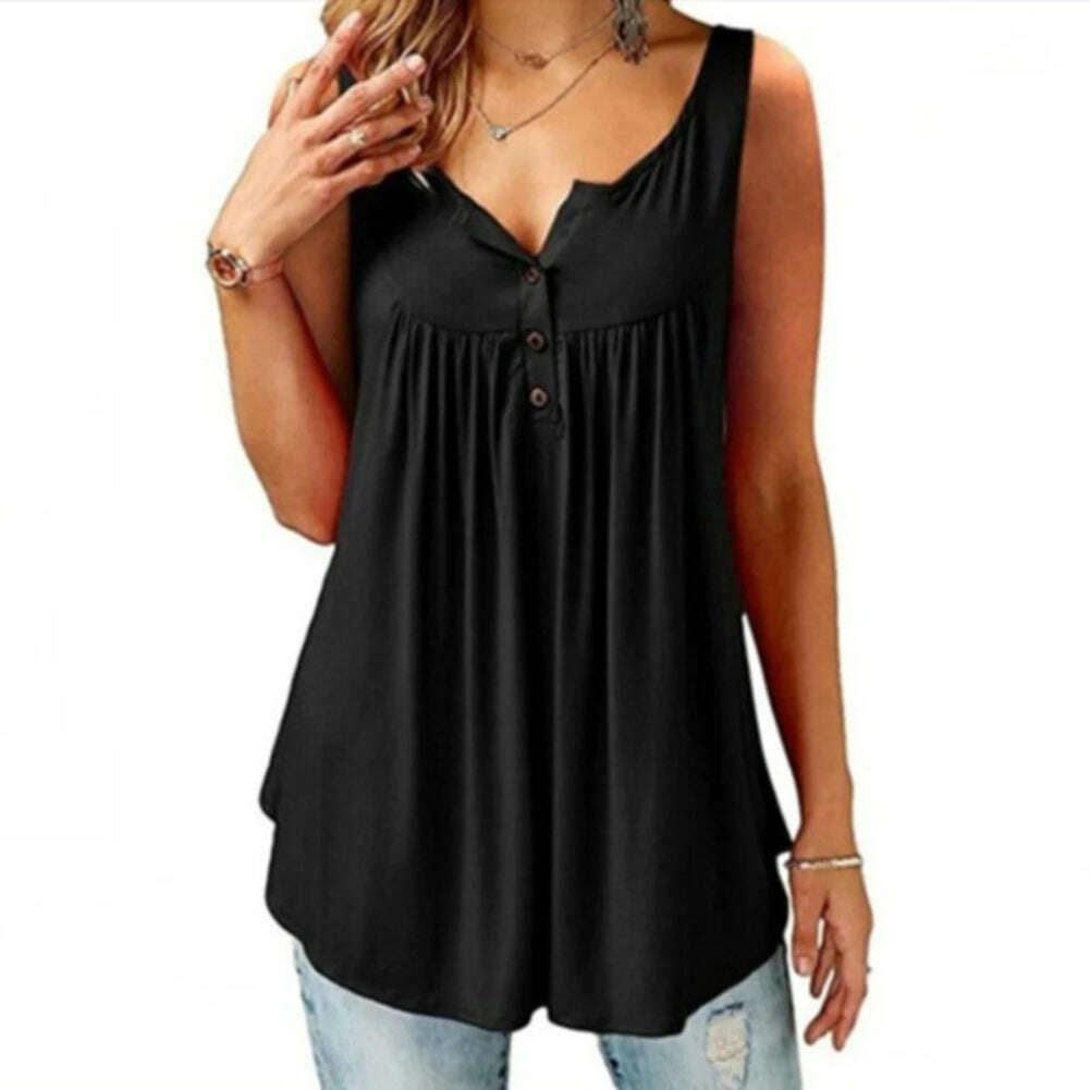 Loose U-Neck Tank Top – Sleeveless, Pleated, Button Detail - D&M Boutique