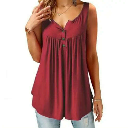 Loose U-Neck Tank Top – Sleeveless, Pleated, Button Detail - D&M Boutique