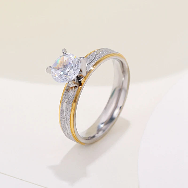 4mm Couple Lover Engagement Rings for Women Men Stainless Steel Ring with Zircon Korean Style Jewelry for Wedding WC033