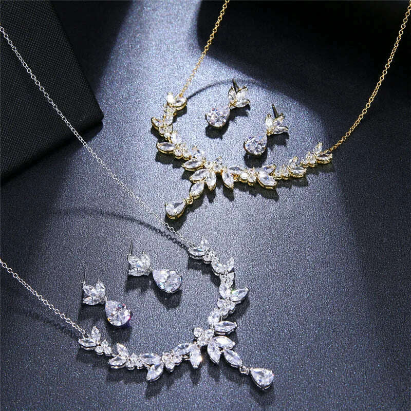 Ekopdee Luxury Brilliant Cubic Zirconia Necklace Set Earrings Rings Women CZ Light Drop Bridal Wedding Jewelry Sets 2022 New