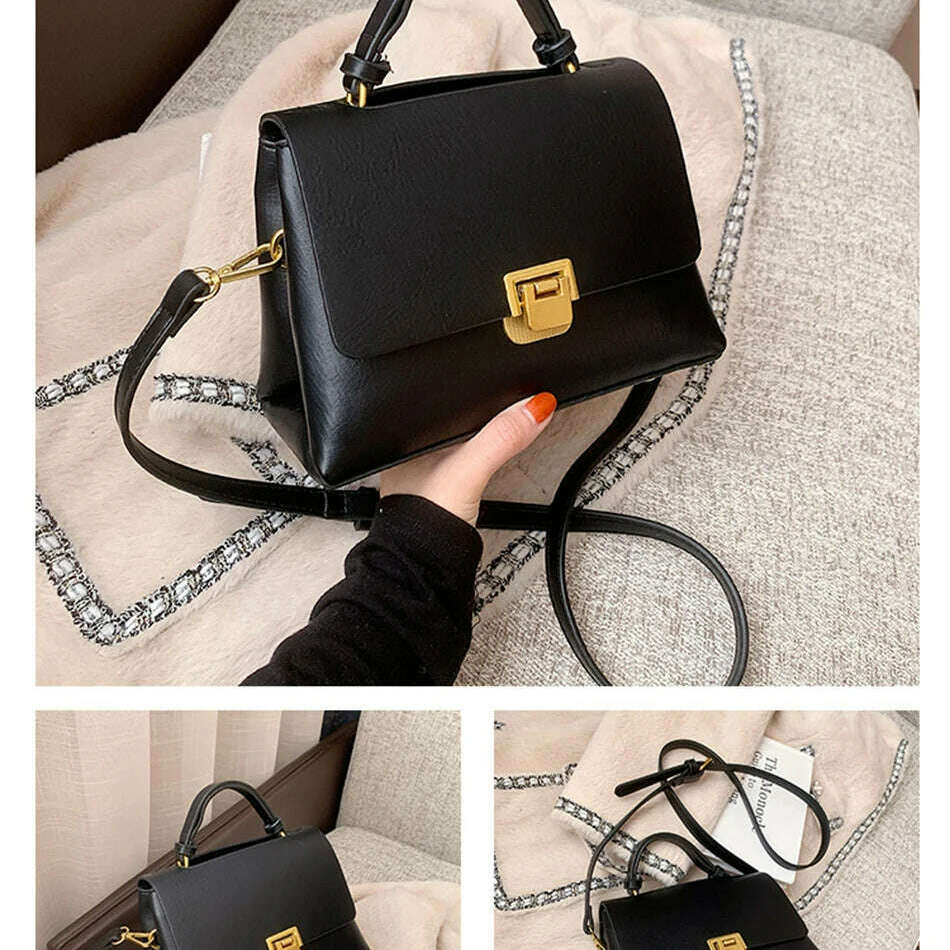 Chic Leather Top-Handle Bag with Gold Lock Closure