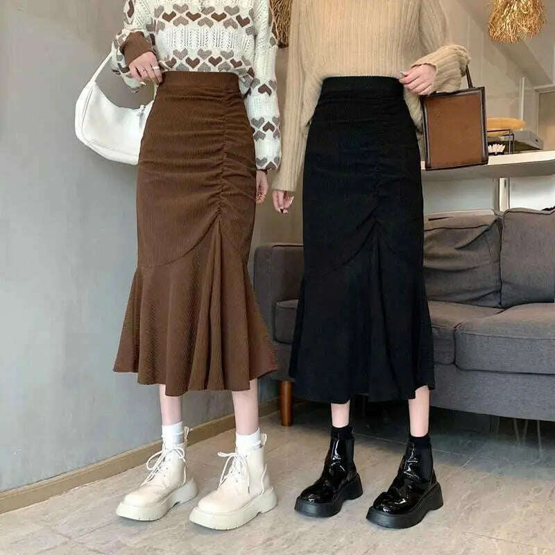 Lucyever High Waist Midi Skirt – Slim Fit, Ruffles, Brown - D&M Boutique