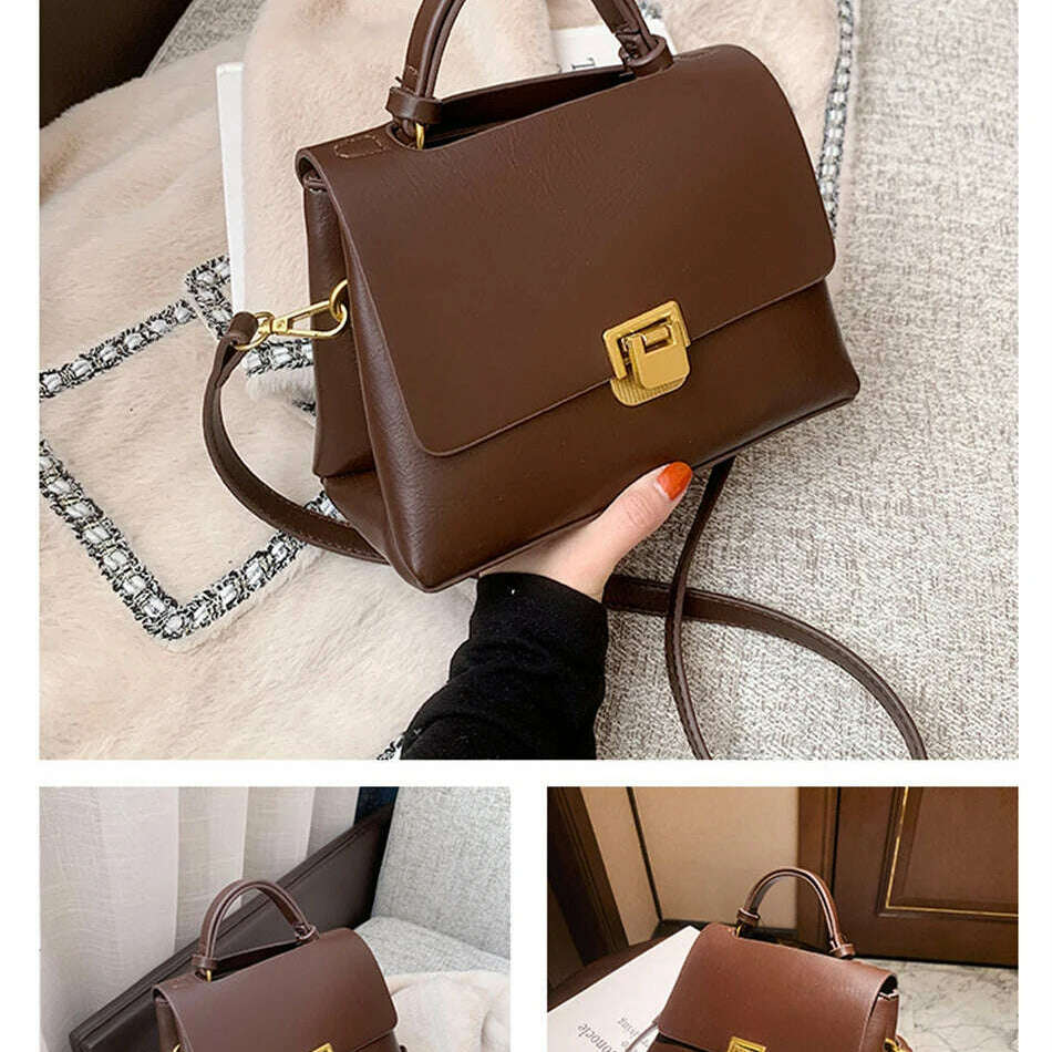 Chic Leather Top-Handle Bag with Gold Lock Closure