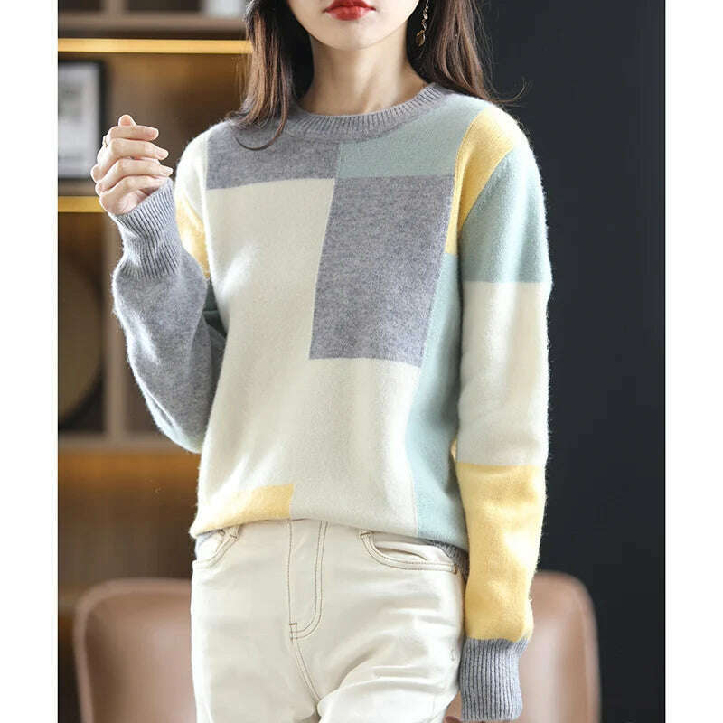 Autumn/Winter Wool Sweater – Round Neck, Color-Block, All-Match Top - D&M Boutique