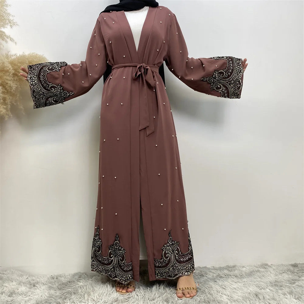 New Embroidery Lace Cardigan with Pearls Soft Polyester Fabric Open Abaya For Women