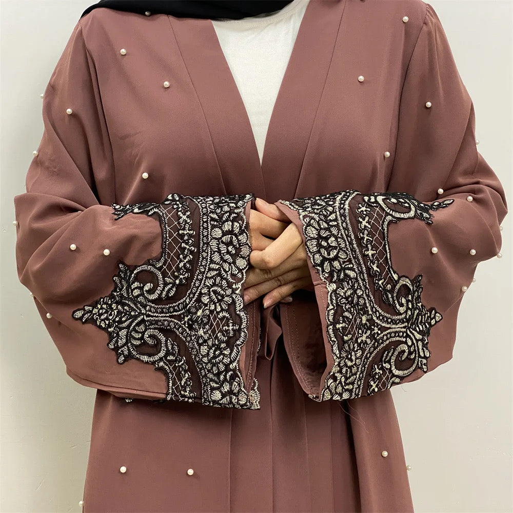 New Embroidery Lace Cardigan with Pearls Soft Polyester Fabric Open Abaya For Women