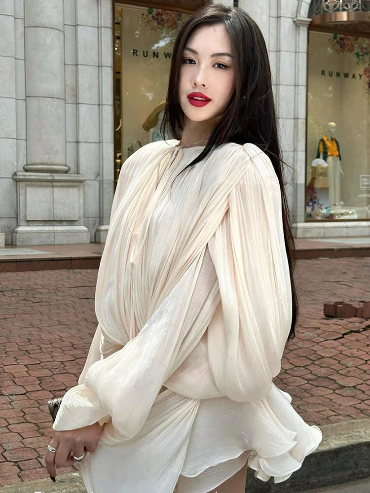 VGH Minimalist Solid Loose Short Dresses For Women Round Neck Long Sleeve High Waist Spliced Lace Up Chic Dress Female Fashion
