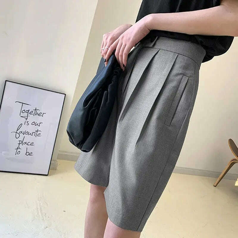 Korean Office Suits Shorts – High Waist, Double-Button, Knee-Length