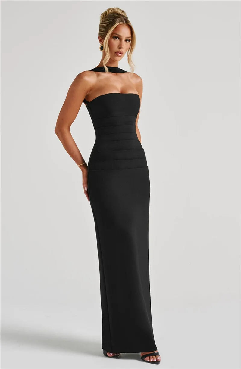 Mozision Scarf Collar Strapless Sexy Maxi Dress For Women Fashion Off-shoulder Backless Bodycon Club Party Long Dress Elegant