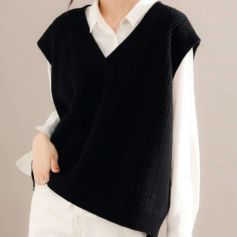 Korean Knitted Sweater Vest – V-Neck, Sleeveless, Loose Pullover - D&M Boutique