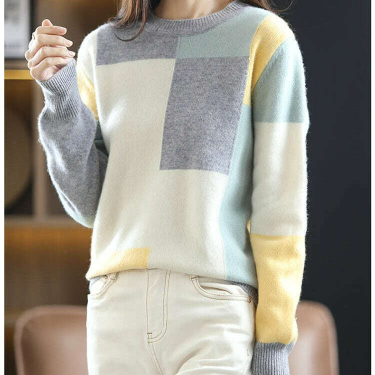 Autumn/Winter Wool Sweater – Round Neck, Color-Block, All-Match Top - D&M Boutique