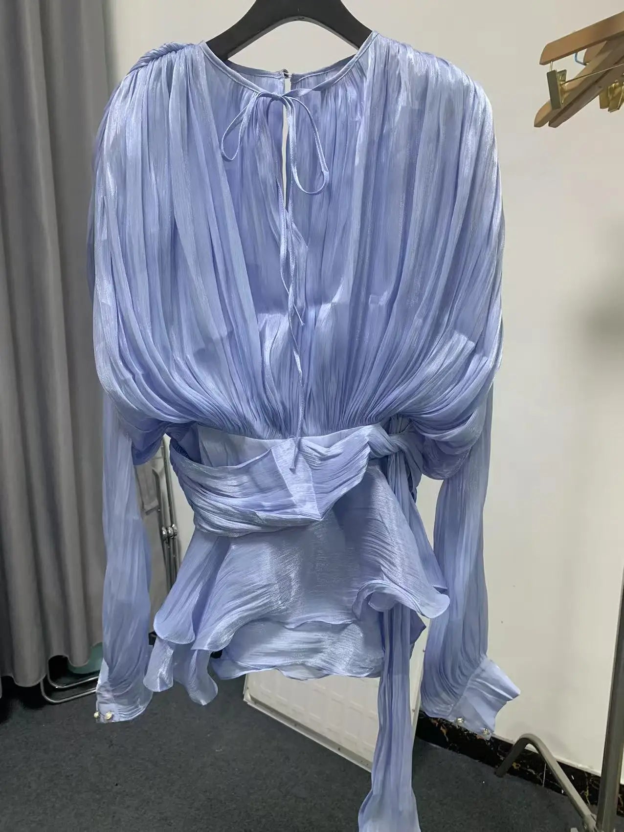 VGH Minimalist Solid Loose Short Dresses For Women Round Neck Long Sleeve High Waist Spliced Lace Up Chic Dress Female Fashion