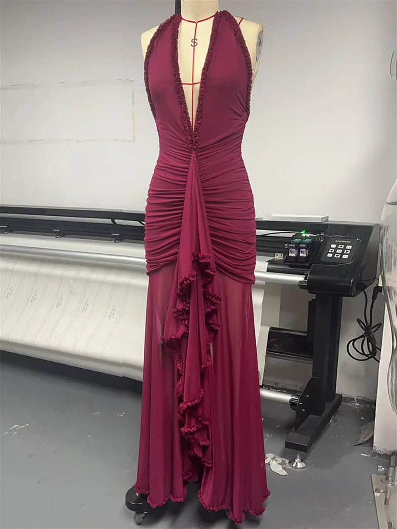 Mozision Elegant Halter Deep V Neck Sexy Maxi Dress Women Fashion Sleeveless Backless Ruched Evening Club Party Long Dress
