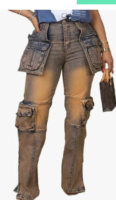 Vintage Washed Distressed Women’s Cargo Jeans