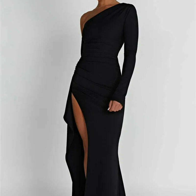 Mozision Oblique Shoulder Thigh-High Split Maxi Dress