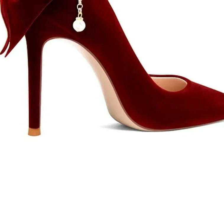Red Xiuhe wedding shoes new pointy stiletto high heels female shallow mouth bow pearl one word buckle strap two wear bride shoes
