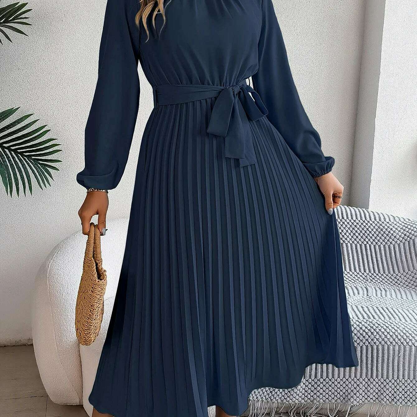 Autumn & Winter Pleated Stand-Up Collar Midi Dress