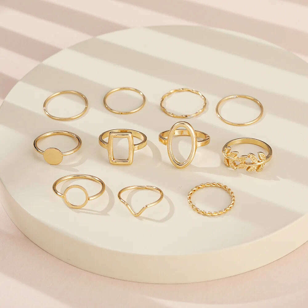 New Trendy Gold Color Rings Set For Women Simple Irregular Geometric Oval Hollow Out Opening Ring Girl Party Jewelry Gift Bague