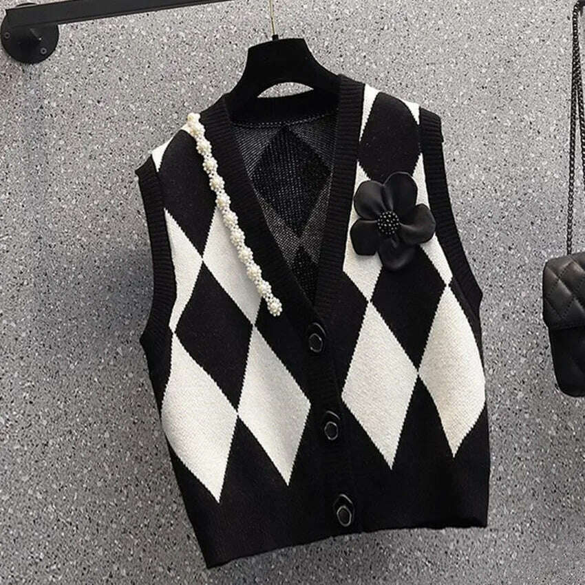 2024 Beaded V-Neck Diamond Plaid Cardigan Vest for Women - D&M Boutique