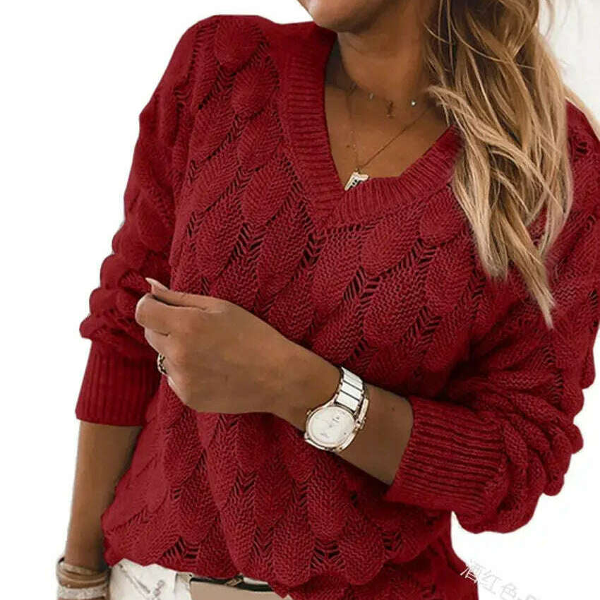 Fashion Women's V-Neck Pullover: Hollow Out, Casual Sweater Top - D&M Boutique