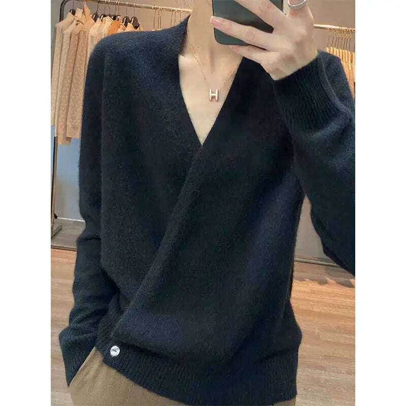 Japanese Kimono Cardigan Wool Sweater V-Neck Knitted Top - D&M Boutique