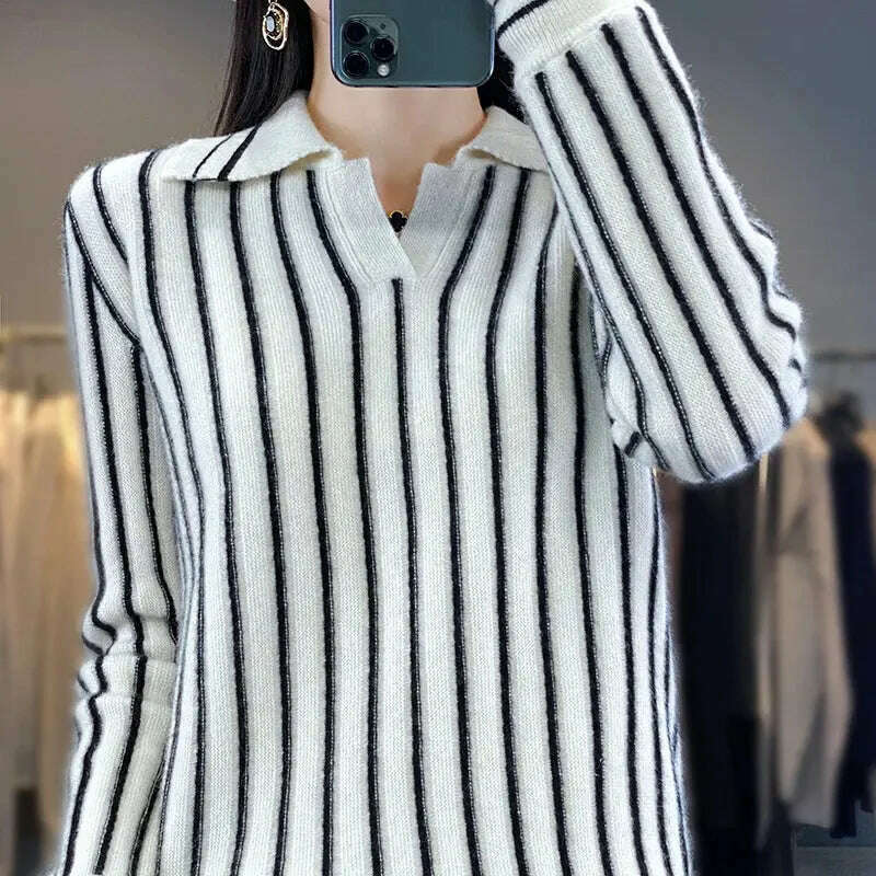 Merino Wool Sweater: Striped, Polo Neck, Autumn/Winter - D&M Boutique