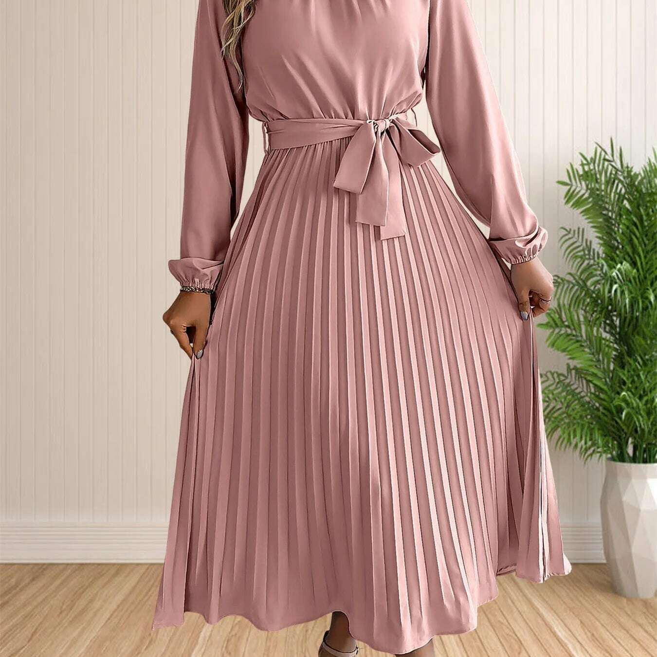 Elegant Pleated Lace-Up Long Sleeve A-Line Sundress
