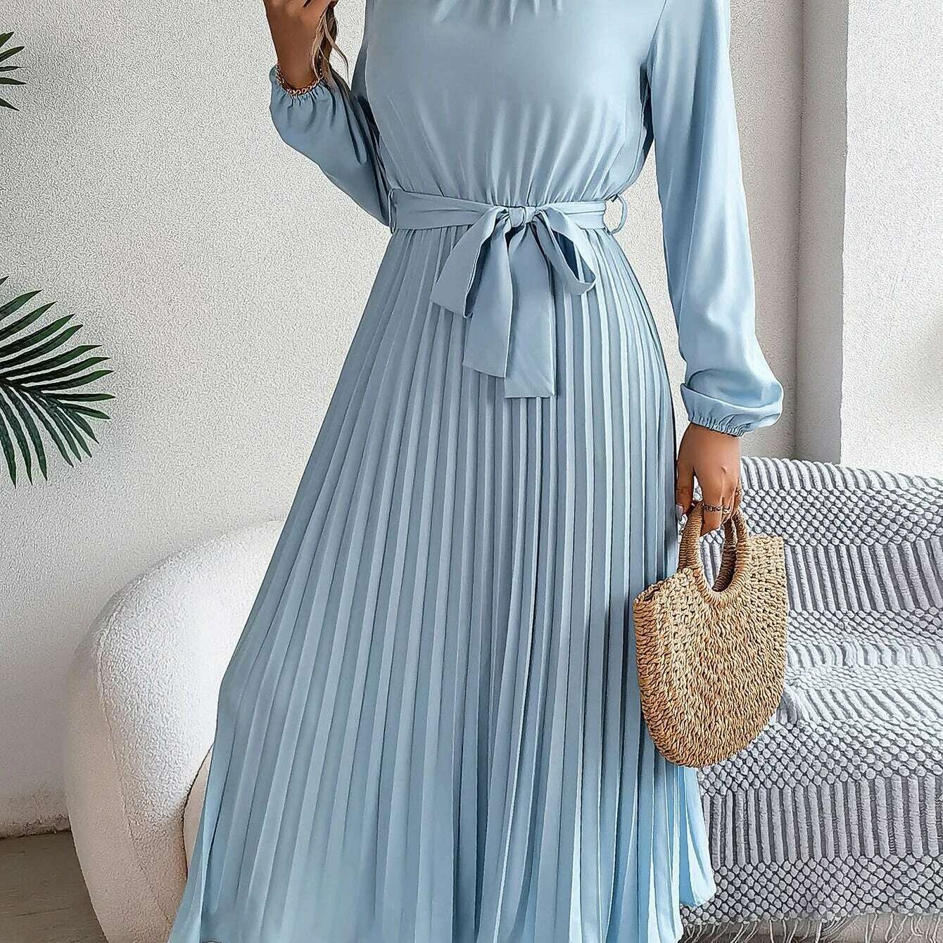 Autumn & Winter Pleated Stand-Up Collar Midi Dress