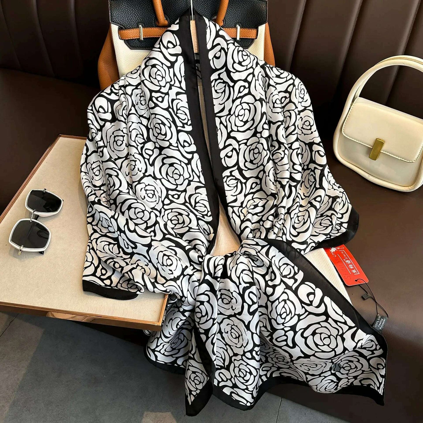 Coffee Color Large Silk Soft Scarf Women Stylish Print Long Shawl Handkerchief Summer Elegant Travel Wrap Hot 180x90cm