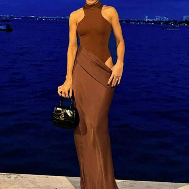 JULISSA MO Satin Hollow Out High-Waist Maxi Dress