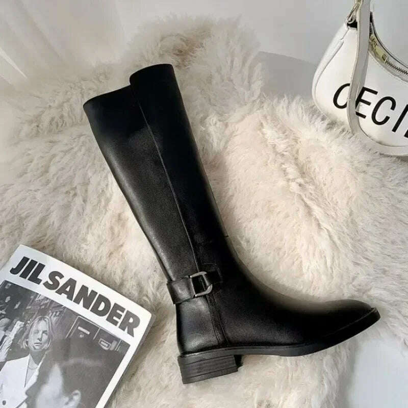 2024 maogu Women's Leather Knee High Boots – Low Heel
