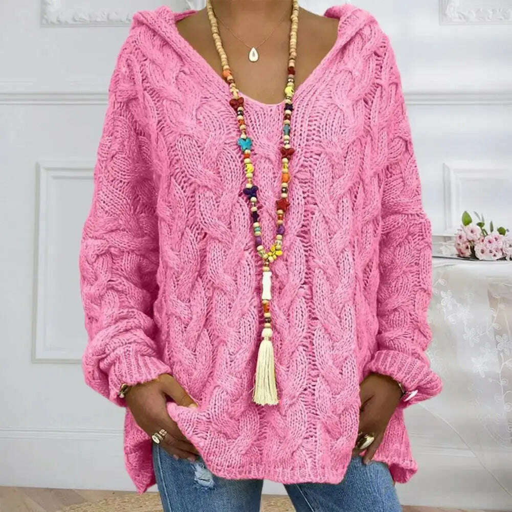 Hooded V-Neck Twist Knitted Hoodie: Autumn/Winter Loose Sweater - D&M Boutique