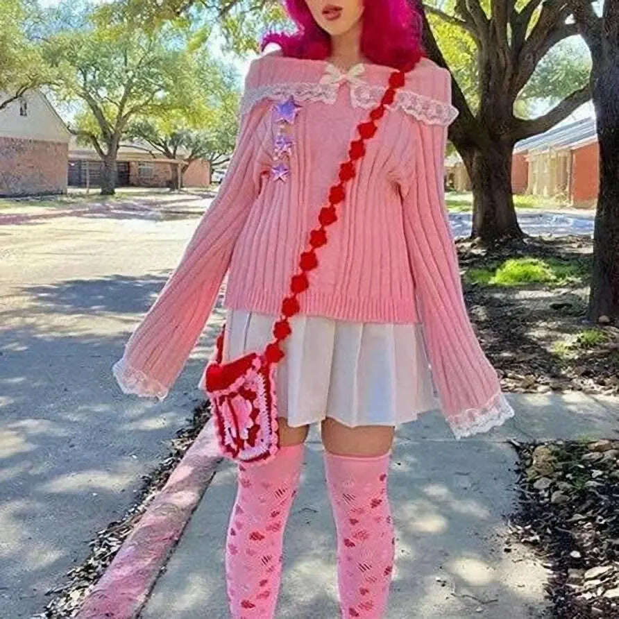 Grunge Off-Shoulder Knit Sweater: Pink, Bow Lace Y2K Jumper - D&M Boutique