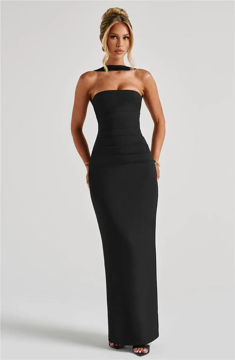 Mozision Scarf Collar Strapless Sexy Maxi Dress For Women Fashion Off-shoulder Backless Bodycon Club Party Long Dress Elegant