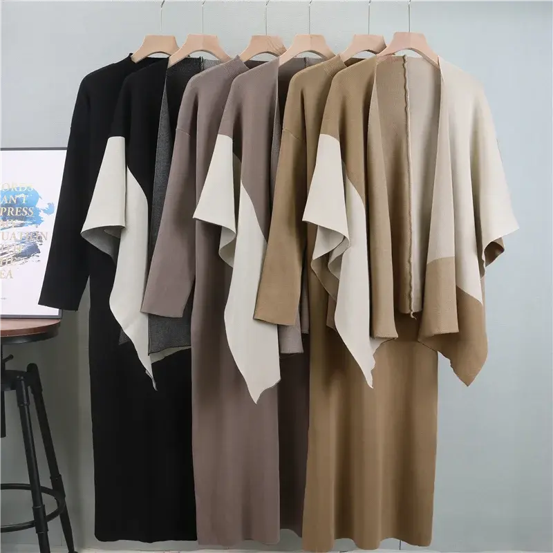 Elegant Knitted Two-Piece Set: Color Block Shawl & Dress - D&M Boutique