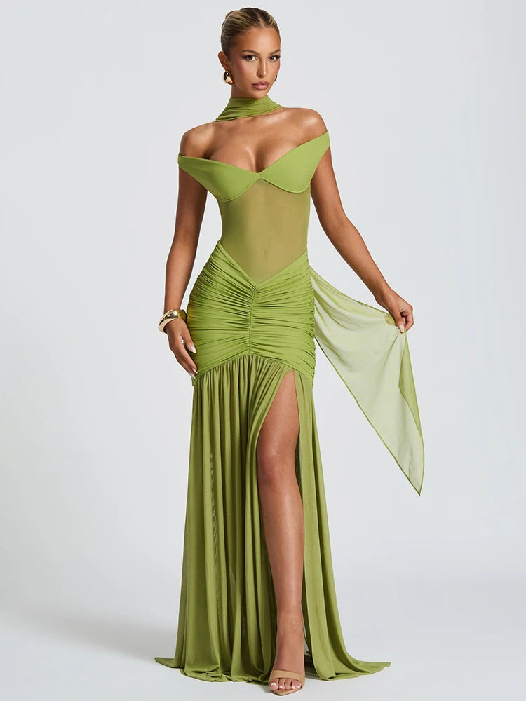 Mozision Off-shoulder Backless Sexy Maxi Dress Women Gown Halter Sleeveless Backless Thigh High Split Club Party Long Dress