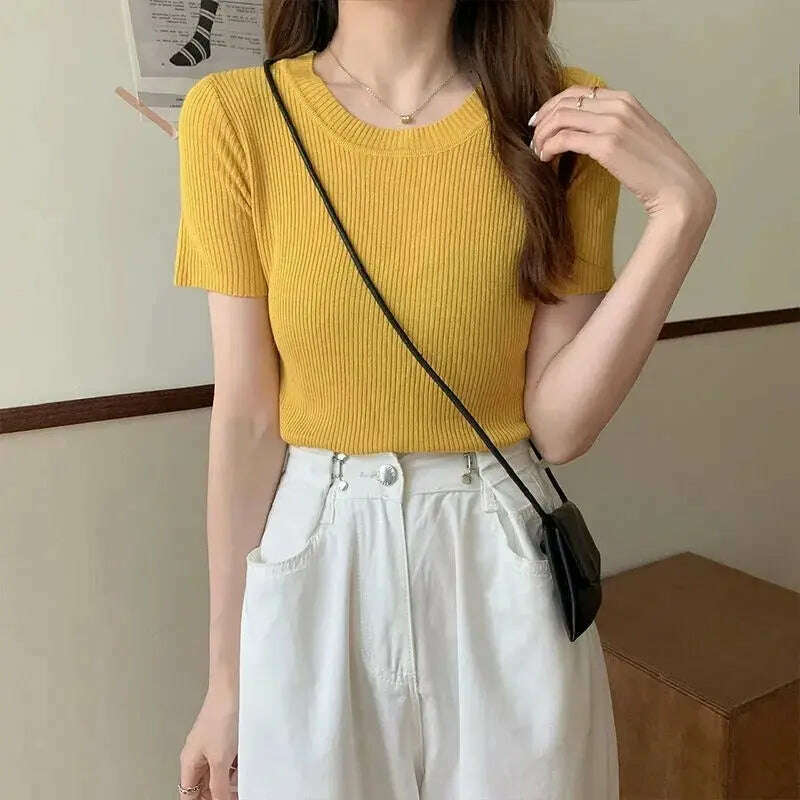 Knit Slim Short Sleeve T-Shirt: White/Green Crop Top - D&M Boutique