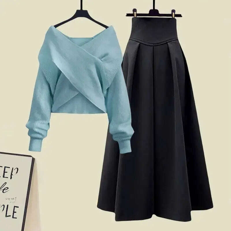 Fall Winter Women’s Knitted Sweater & Pleated Skirt Set - D&M Boutique