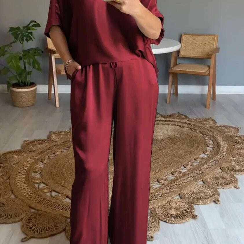 Elegant Women's Summer Satin V-neck Top & High-Waisted Pants Set