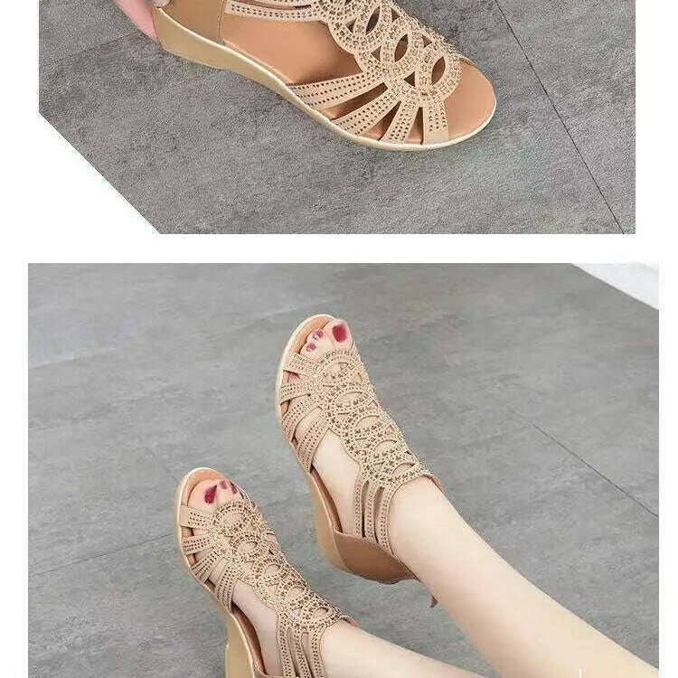 Soft Leather Roman Sandals - Chunky Heel Wedge Shoes