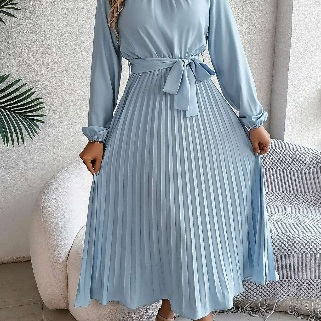 Autumn & Winter Pleated Stand-Up Collar Midi Dress