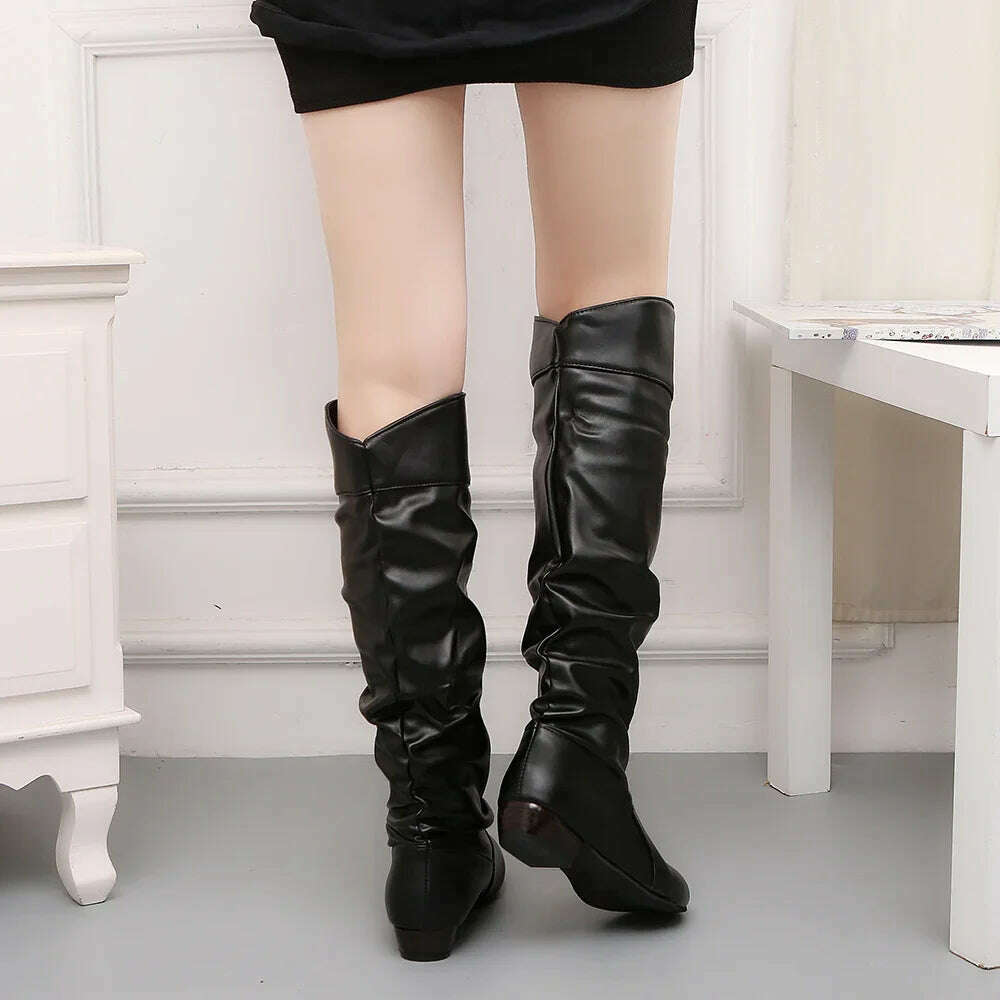Women's PU Leather Knee-High Boots – Slip-On