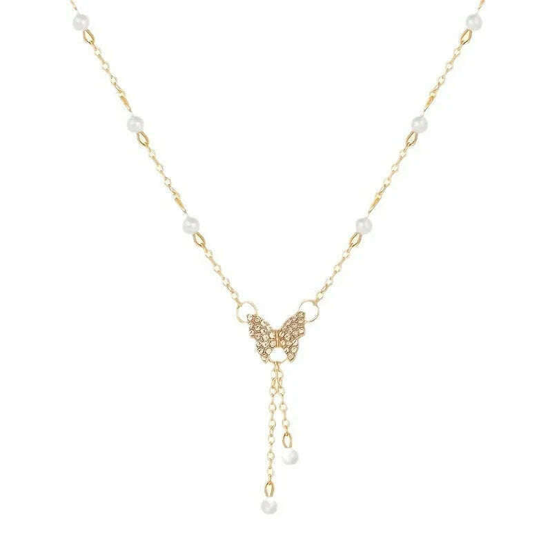 Fashionable and Versatile, Personalized Women's Butterfly Pearl Chain, European and American Collarbone Chain Jewelry