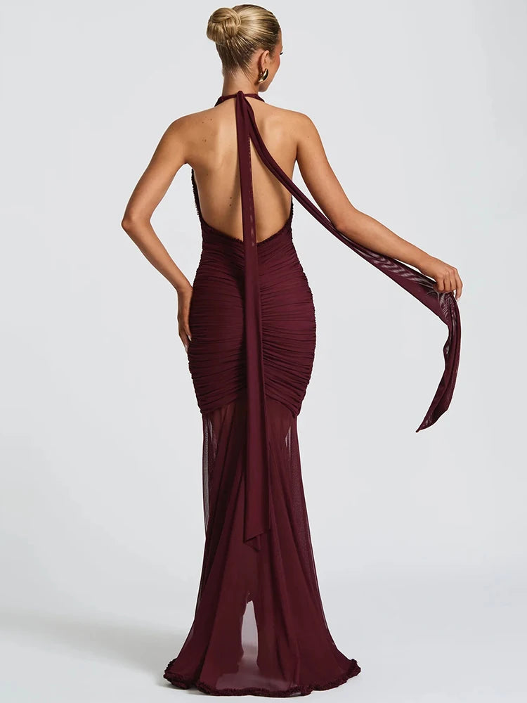 Mozision Elegant Halter Deep V Neck Sexy Maxi Dress Women Fashion Sleeveless Backless Ruched Evening Club Party Long Dress