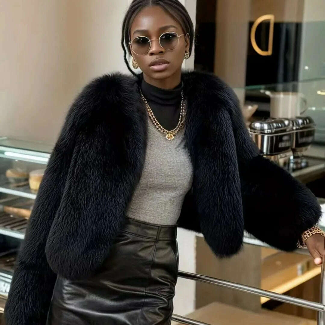 Imitation fur black style jacket coat