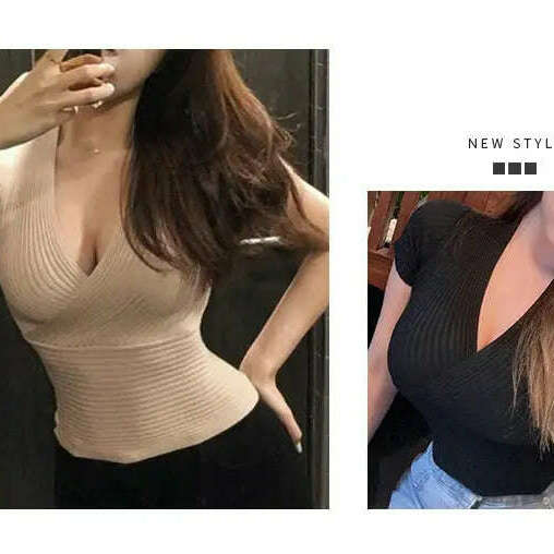 Deep V Knitted T-Shirt: Women's Summer Korean Fashion Tee - D&M Boutique